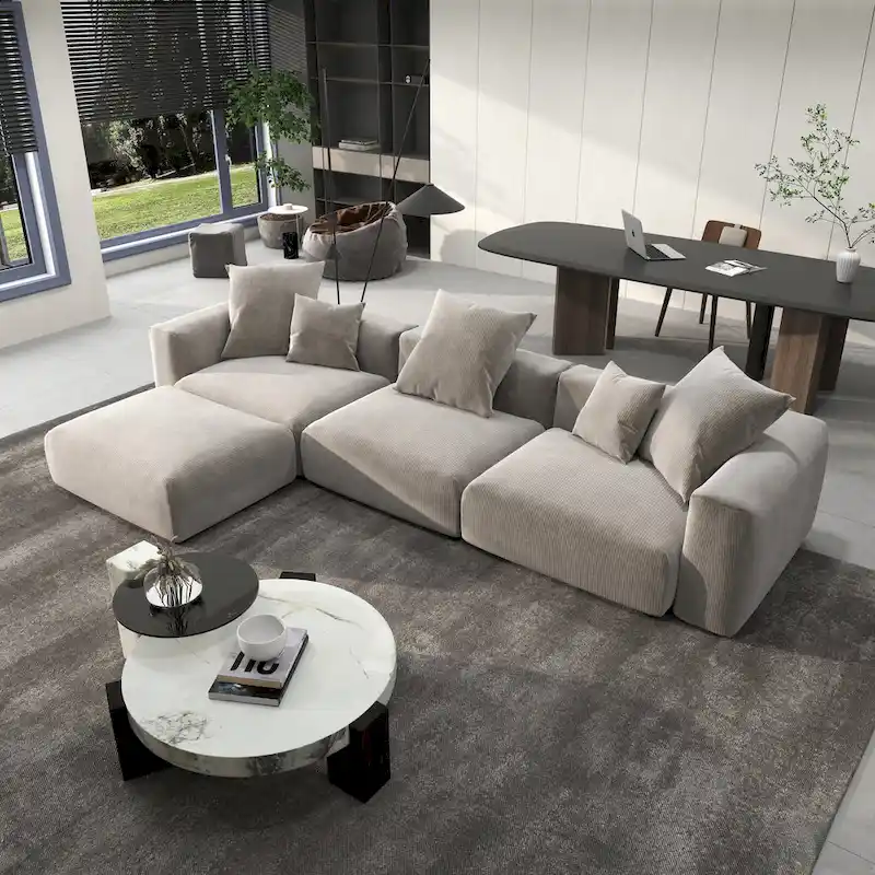 142  L-shape Oversized Corduroy Sectional Sofa Classic Deep Couch with Ottoman