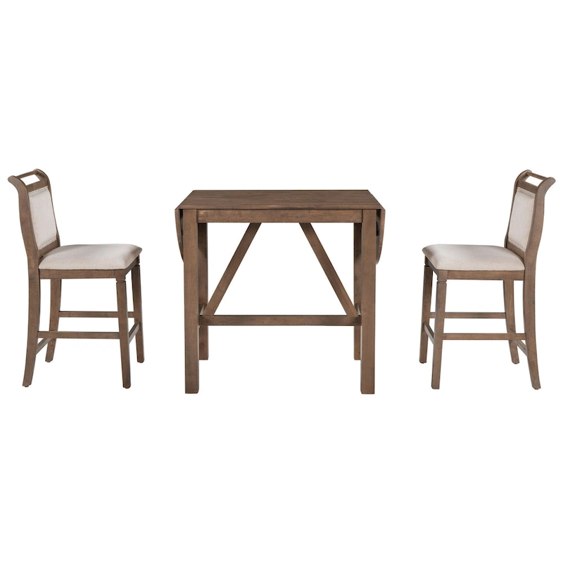 3-Piece Wooden Counter Height Dining Table Set with Drop Leaf Table & 2 Chairs
