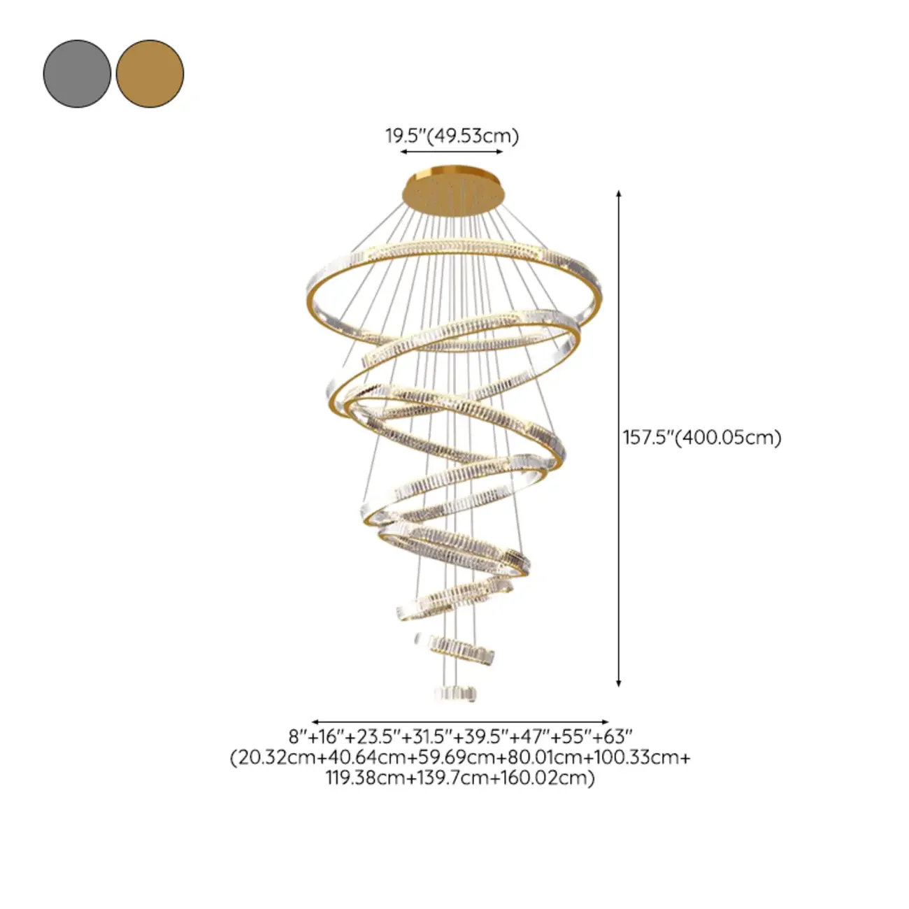 Gold Spiral Ring Crystal Tier Chandelier Modern Remote LED