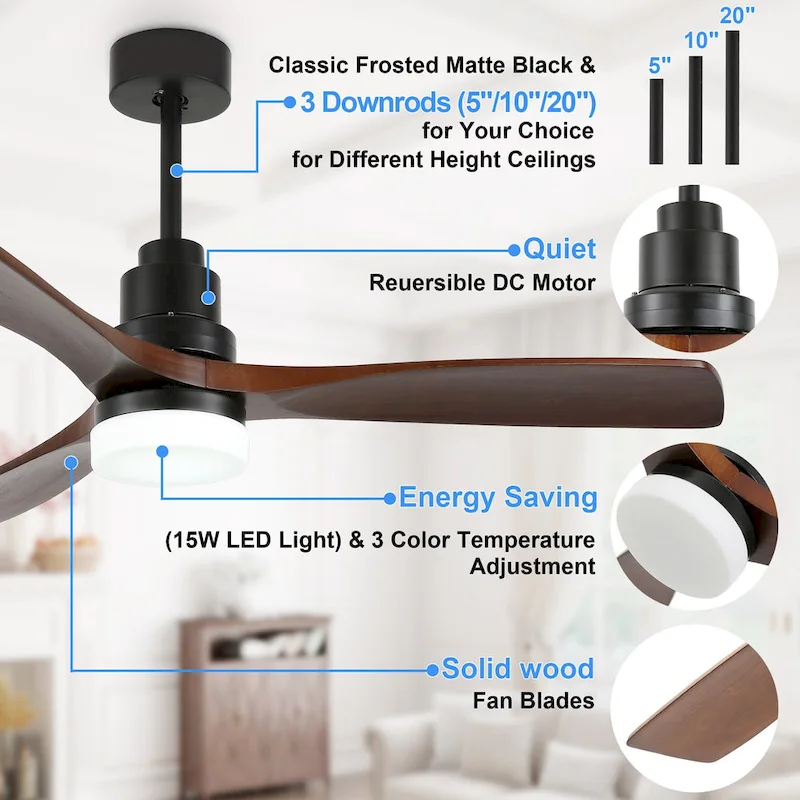 52  Farmhouse Solid Wood Ceiling Fan with Dimmable LED Light, 3-Speed Reversible Ceiling Fan with Remote