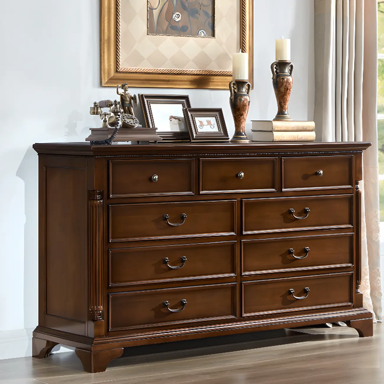 Classic Brown Wooden Double Dressers with 9-Drawers