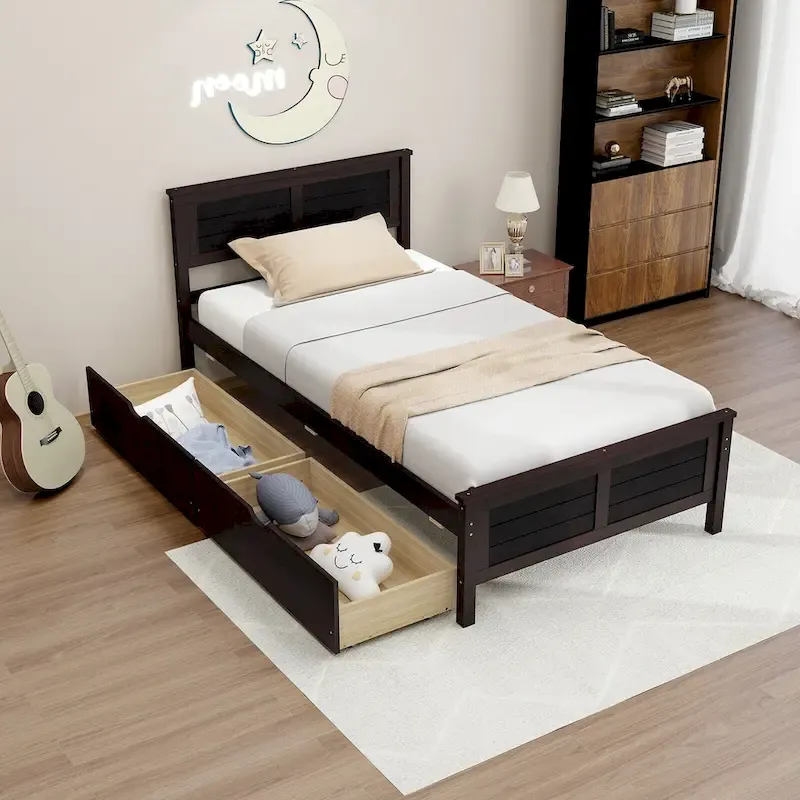 Gymax Twin Size Wooden Bed Frame with 2 Storage Drawers & Under-bed