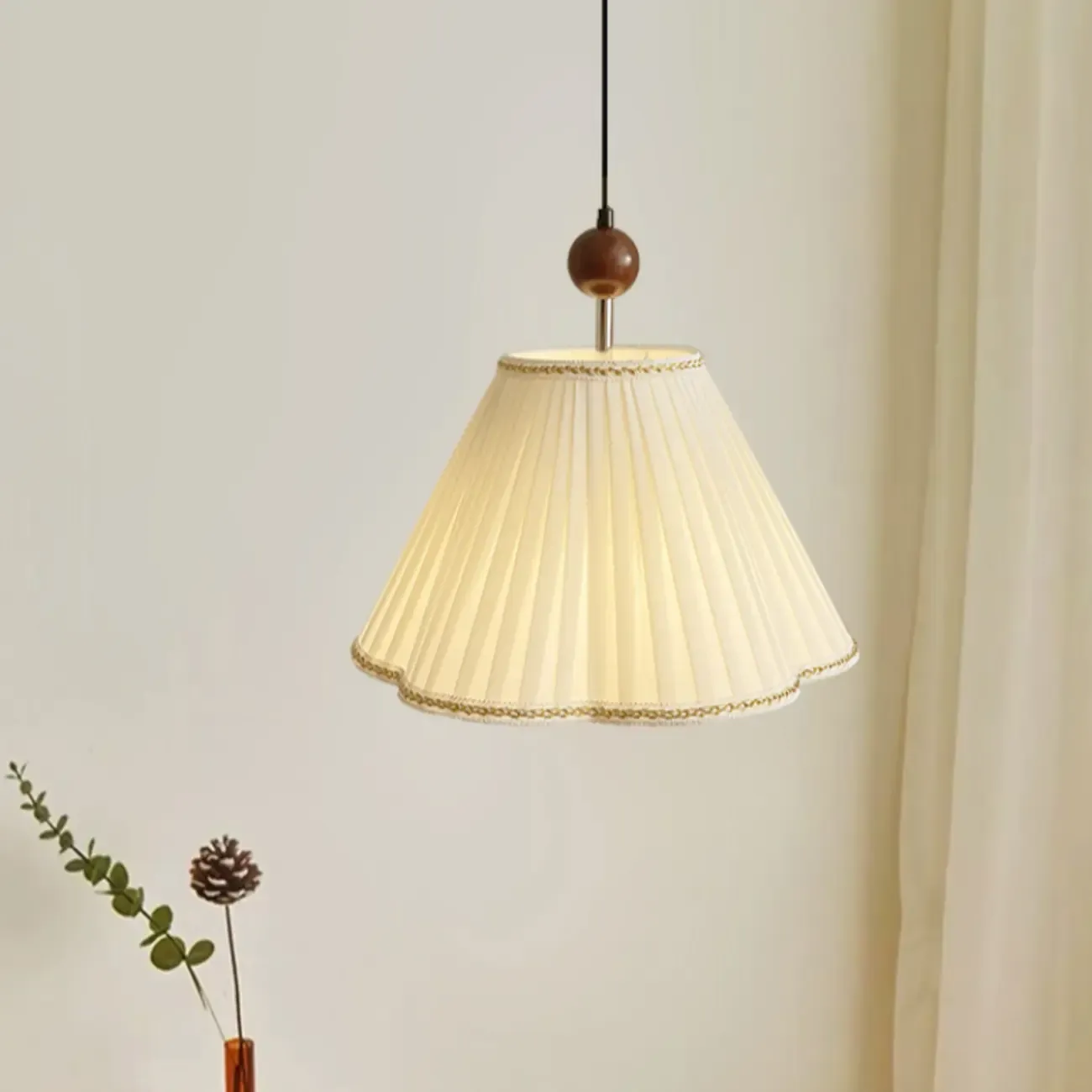 White Pleated Fabric Truncated Cone Indoor Pendant Light