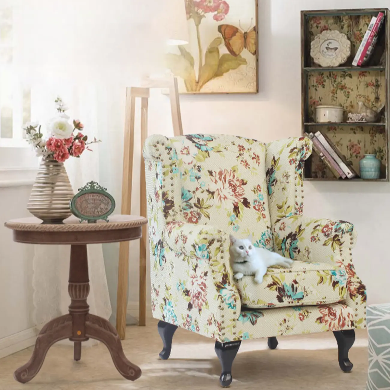 Traditional Leather Wingback Accent Chair with Nailhead Trim