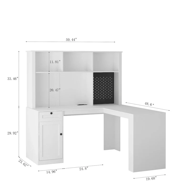 L-Shaped Computer Desk with Power Outlets, USB Ports, Drawers and Bookshelf