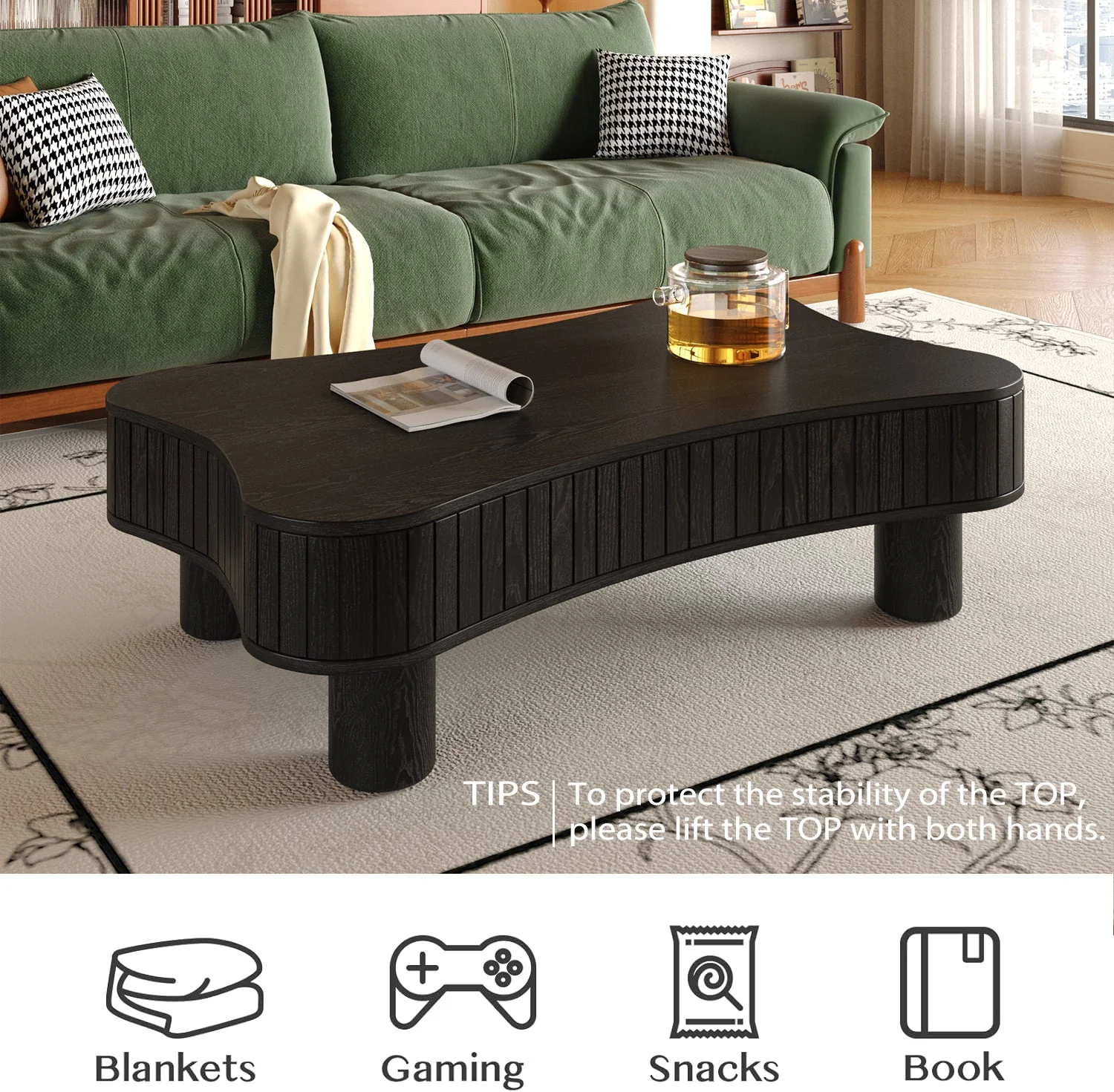 Walker Edison | Black Reeded Curve Design Lift Top Coffee Table and Desk