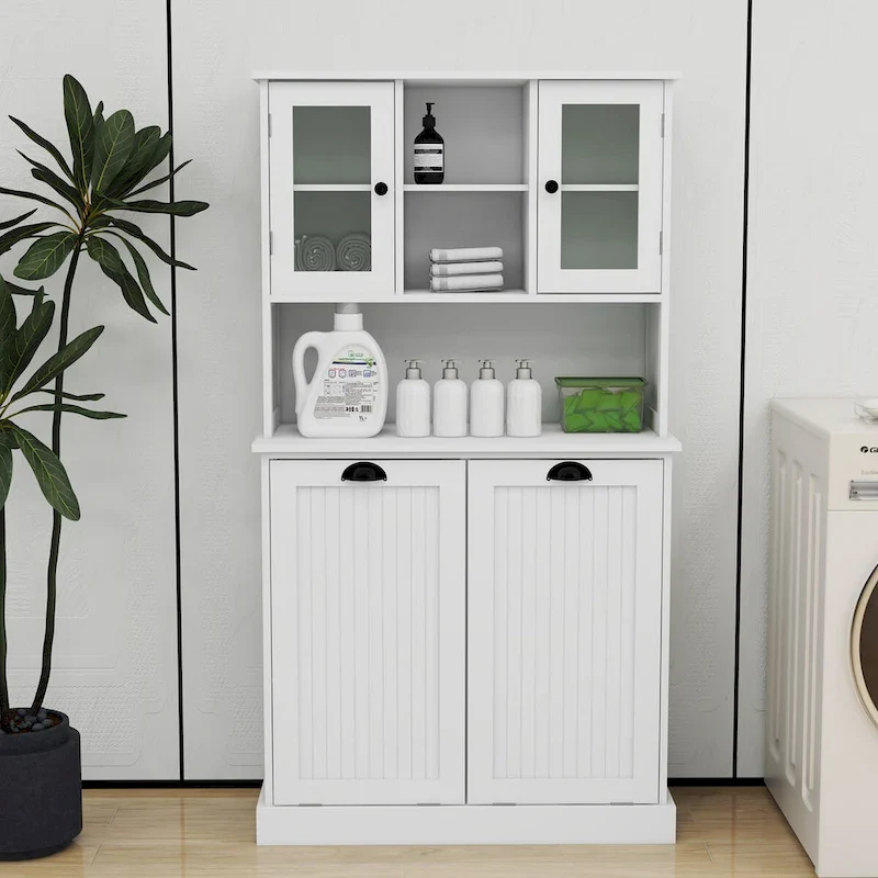 White 60 in. H Storage Cabinet, Two-Compartment Tilt-Out Dirty Laundry Basket Tall Bathroom Cabinet with 2 Adjustable Shelves