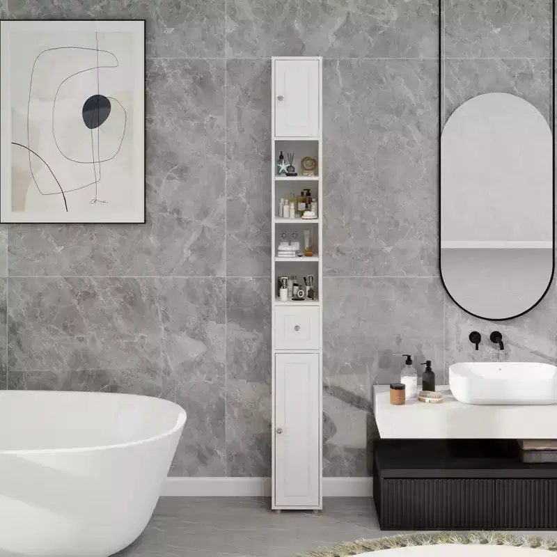 GDFStudio Fayette Tall Slim Bathroom Storage Cabinet with Drawer and Adjustable Shelves