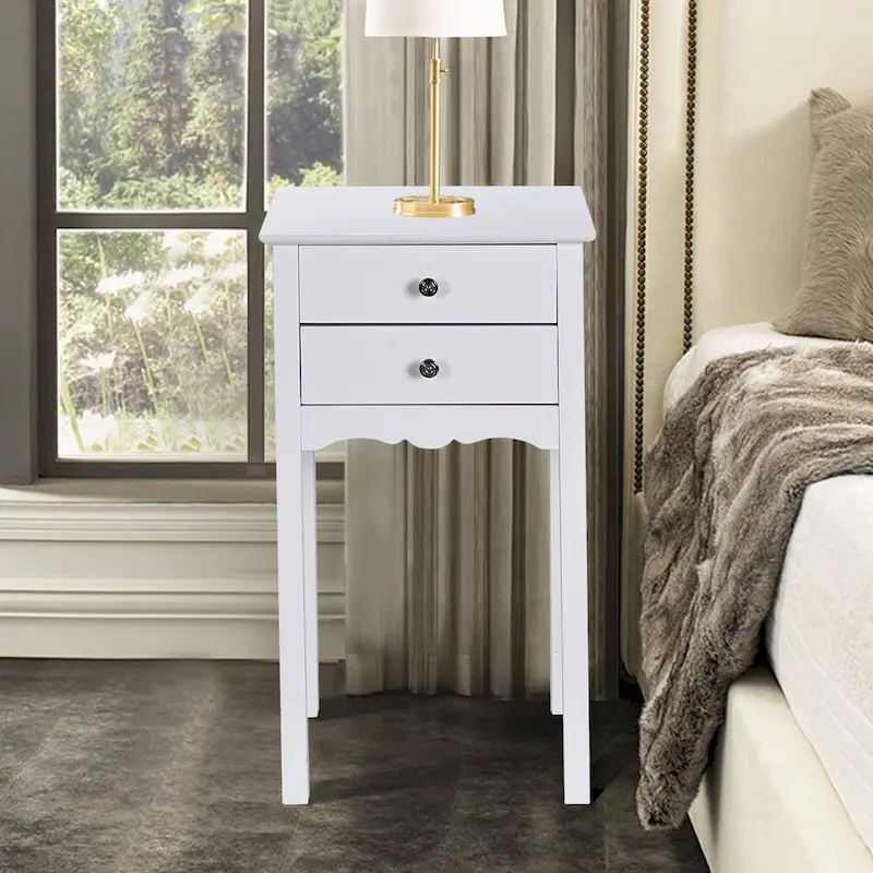 Side Table End Accent Table with 2 Drawers-White - 16.0 x 13.0 x 30.0 (L x W x H)