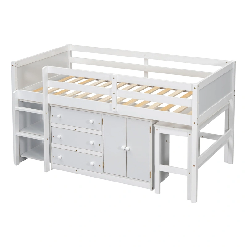 White Twin Wood Low Loft Bed with Pull-Out Desk & Drawers