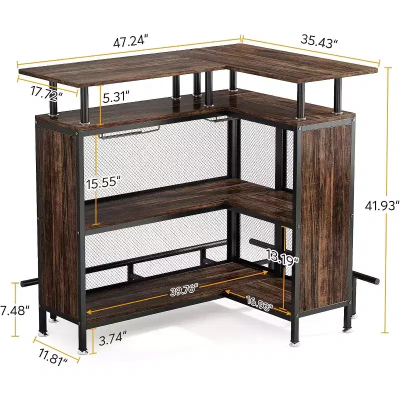 Home Bar Unit: L-shaped with stemware racks, 2-tier shelves, corner mini cabinet, footrest, rustic brown, suitable for home/kitchen/pub.