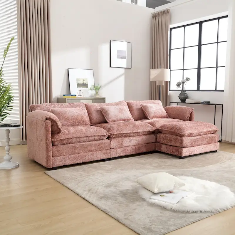 Modular L-Shaped Sectional Sofa, Chenille Fabric 3-Seater Sofa Couch with Chaise and Detachable Armrests for Living Room