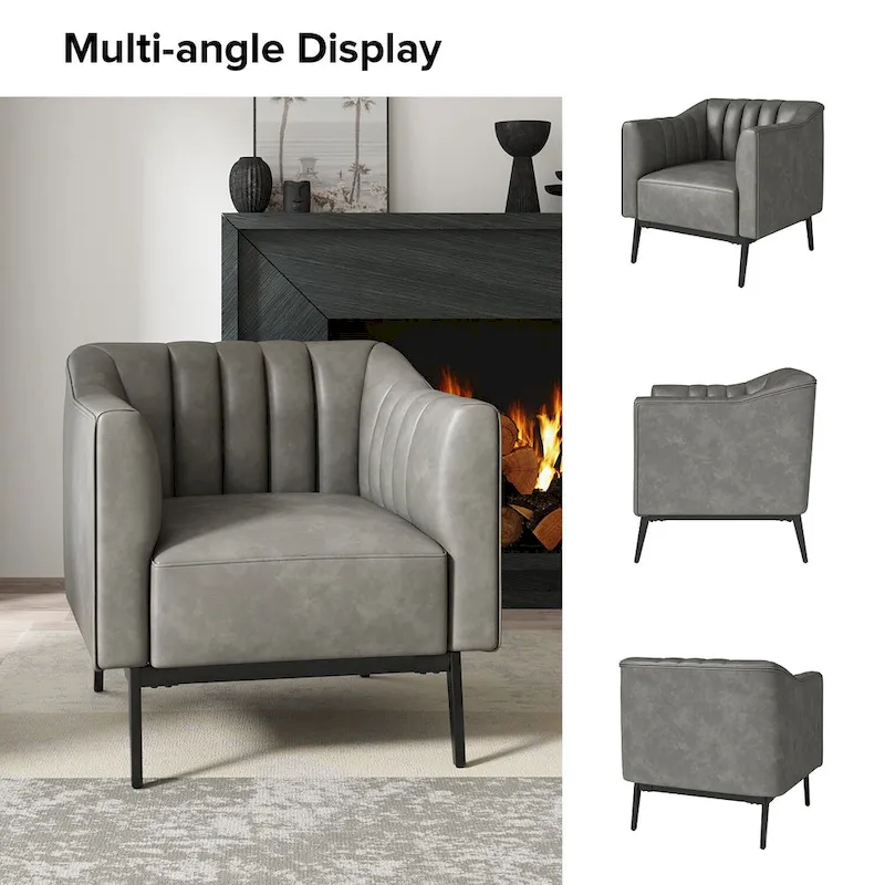 Channel Tufted PU Leather Accent Chair, Navy/Grey/Camel/Brown/Black, Metal Legs, Set of 2