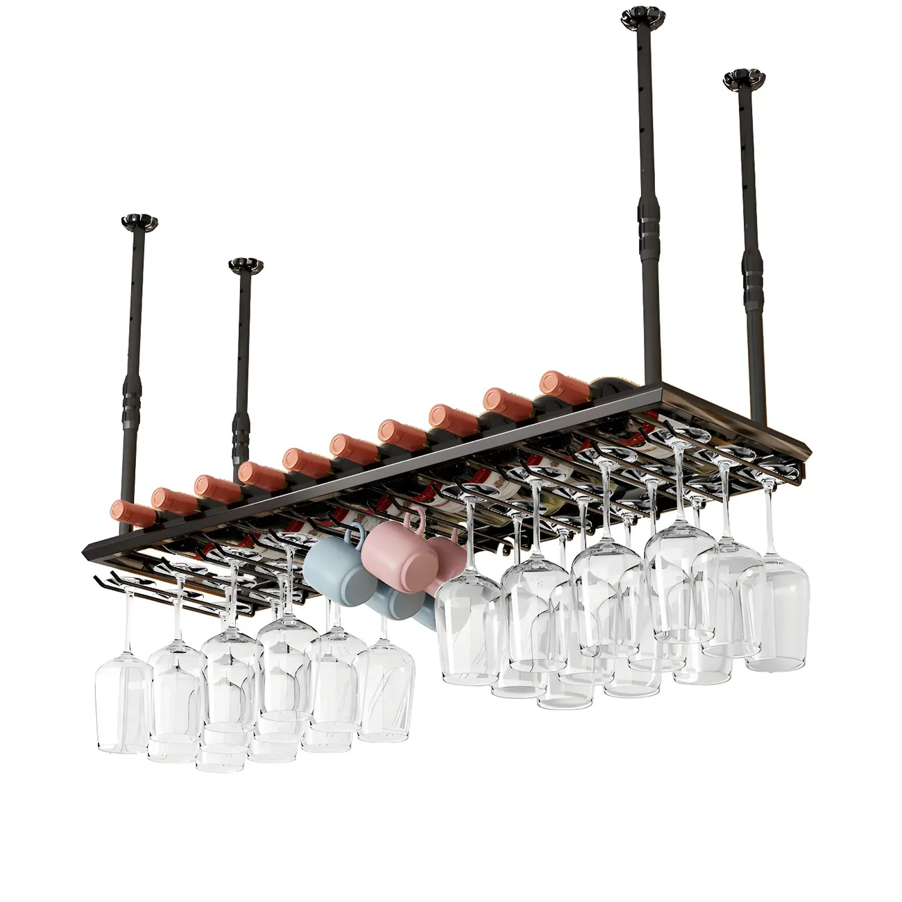 Industrial Metal Hanging Wine Rack with Glass Holder