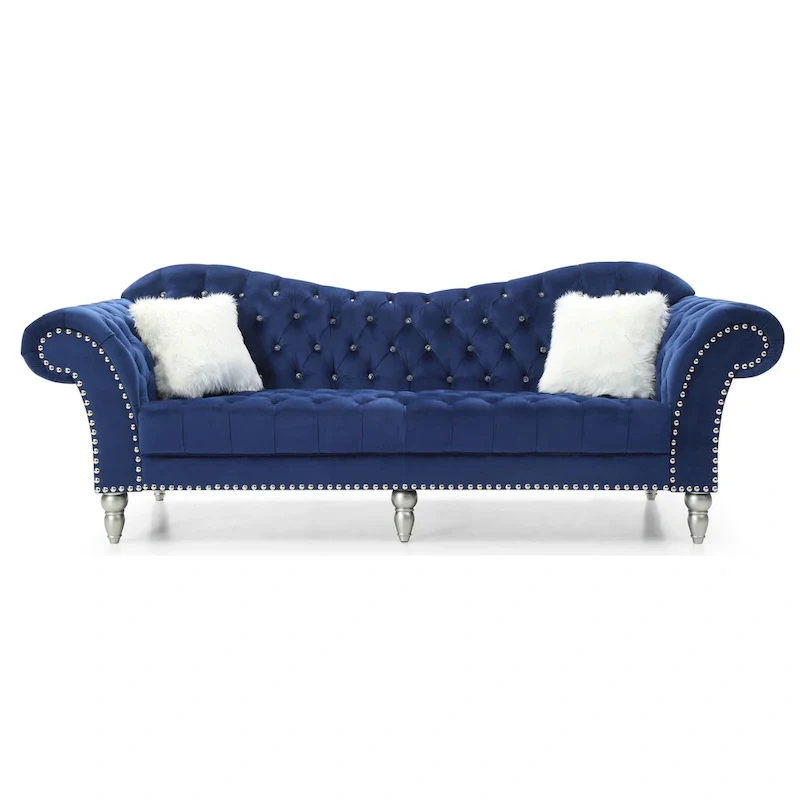 Velvet Tufted Sofa with Sweetheart Back & Chrome Nailheads – Blue / Dark Grey / Pink / Black, Seats 3