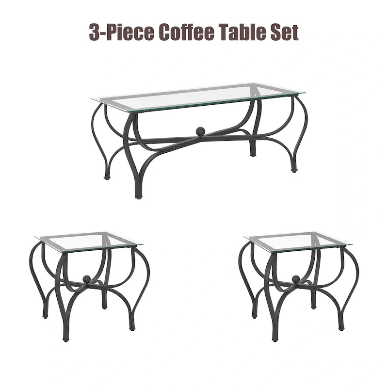 3-Piece Tempered Glass Coffee Table Set - Rustic Black Metal Frame