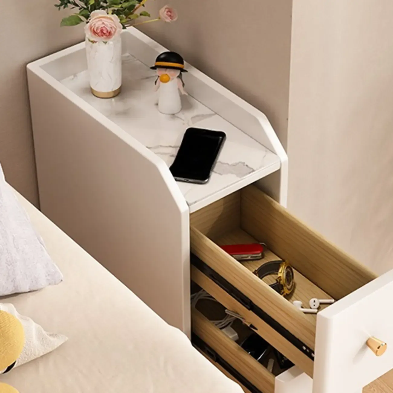 Narrow Faux Leather Drawer Nightstand with Stone Countertop