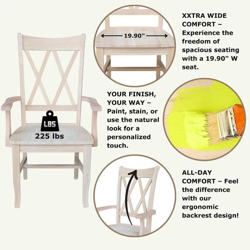 Solid Wood Double X-Back Dining Chair with Arms