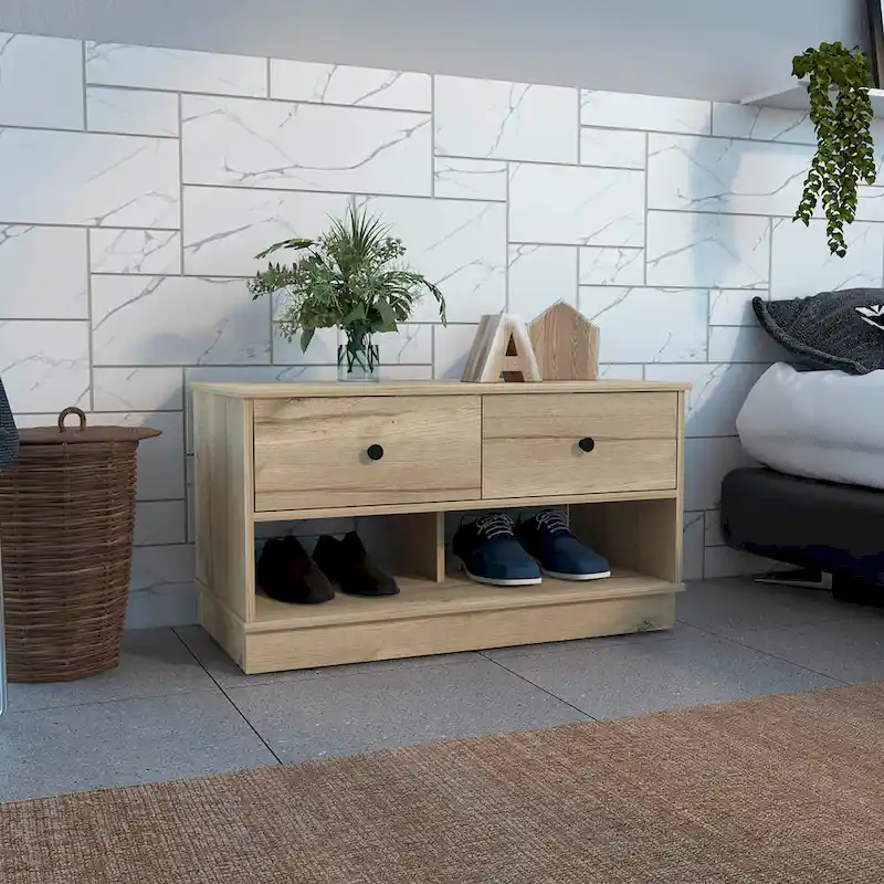 Storage Bench with 2 Drawers and 2 Open Shelves