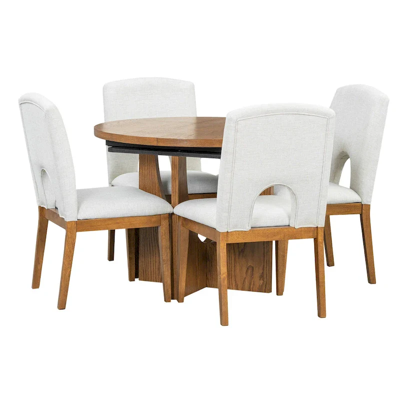 5-Piece Round Extendable Dining Table Set with Upholstered Chairs
