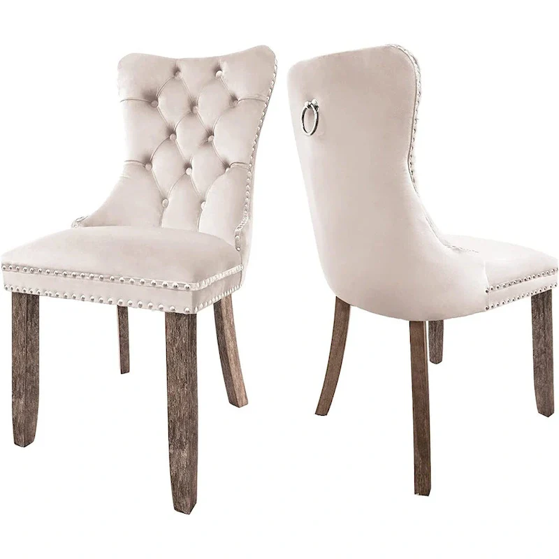 Velvet Dining Chairs Set of 2, Upholstered High-end Tufted Dining Room Chair with Nailhead Back Ring Pull Trim Solid Wood Legs