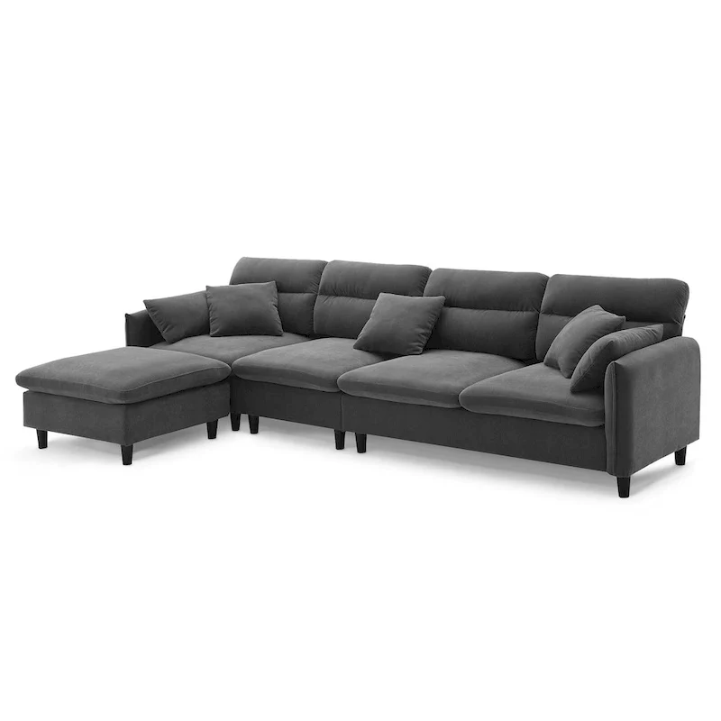 110 Modern L-Shaped Convertible 5-Seat Sectional Sofa with Removable Ottoman and 5 Cushions, Plush Chenille Fabric