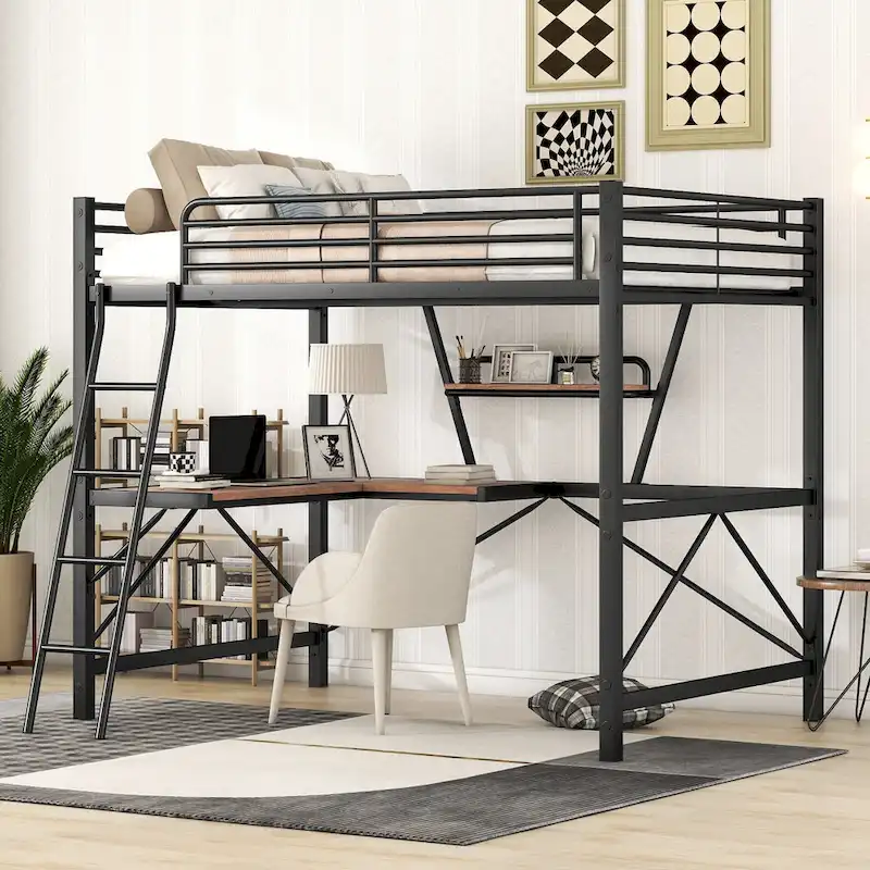 Loft Metal & MDF Bed with Desk and Shelf