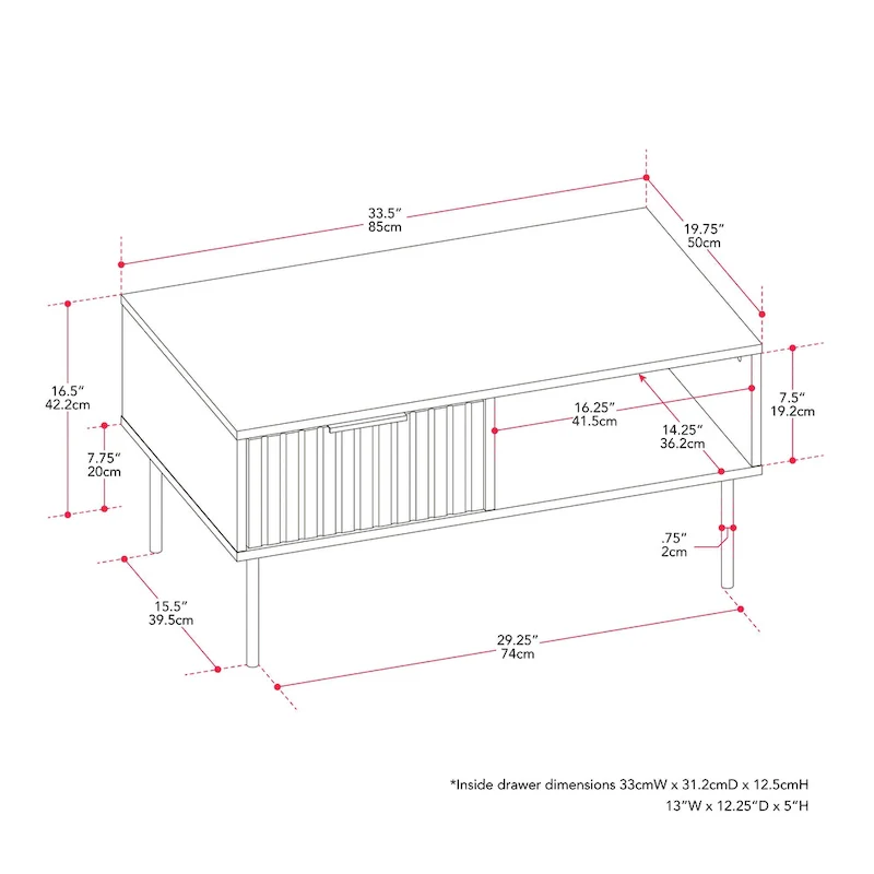 Black Fluted Coffee Table - Metal Legs with Drawer