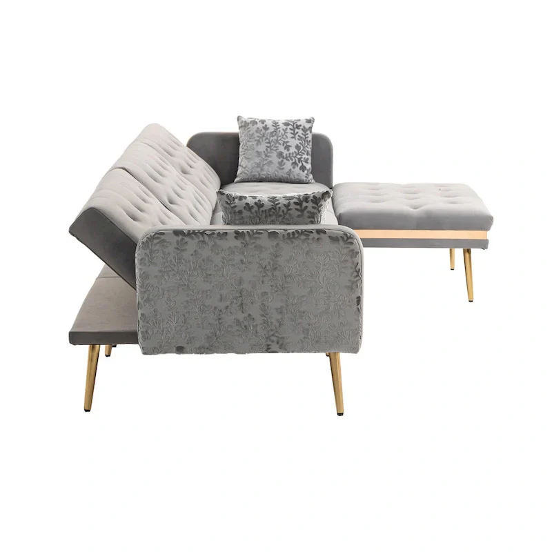 Polyester Upholstered Tufted Sleeper L-Shaped Sectional Sofa With Ottoman