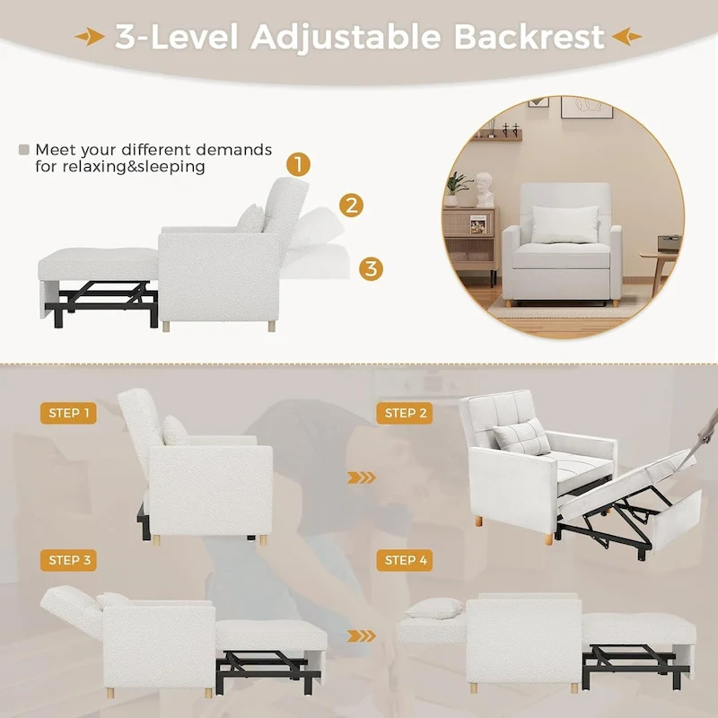 AECOJOY 3 in 1 Sleeper Sofa Chair w/ Pillow &Convertible Backrest