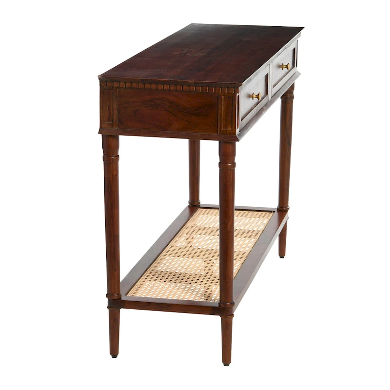 Acacia Wood Console Table with Cane Shelf
