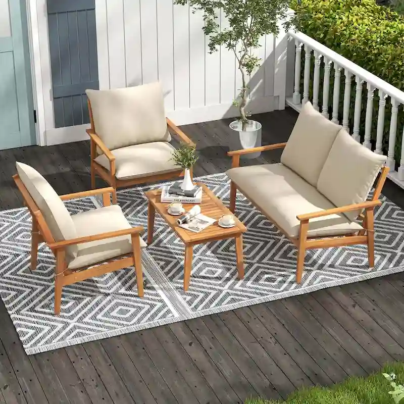 Costway 4 PCS Acacia Wood Patio Furniture Set with Soft Cushions and - See Details
