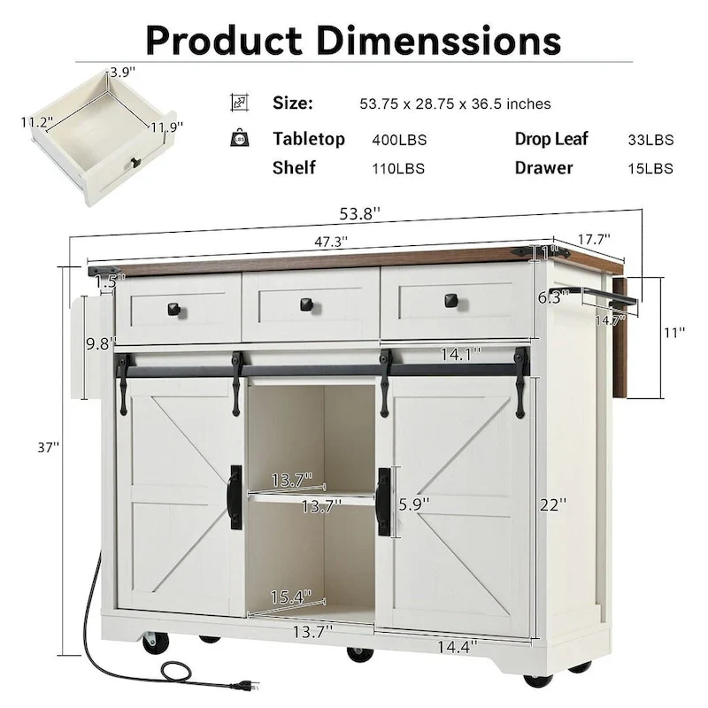 Farmhouse Kitchen Island Cart with Wheels, Power Outlet