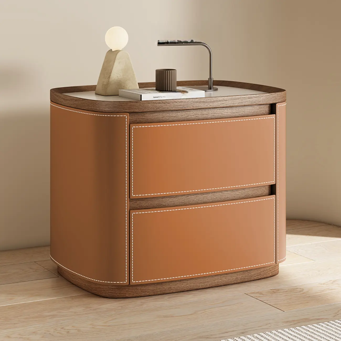 Trendy Low Tray-Top 2 Layer Solid Wood Nightstand