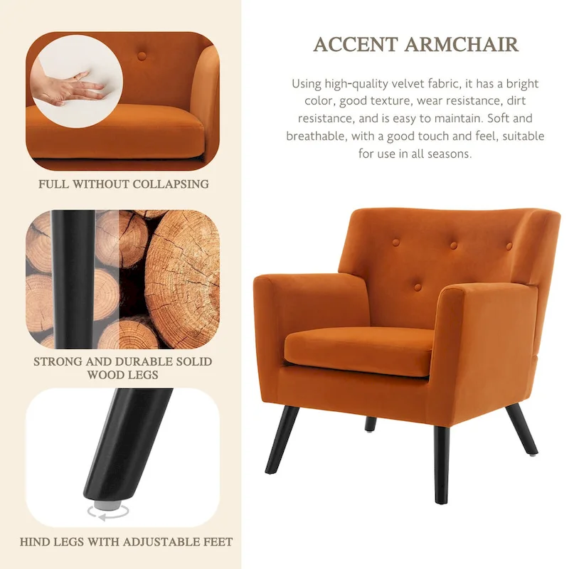 Velvet Upholstered Armchair Tufted Accent Chair, Set of 2 - 30.71H x 28.35 W x 27.56D