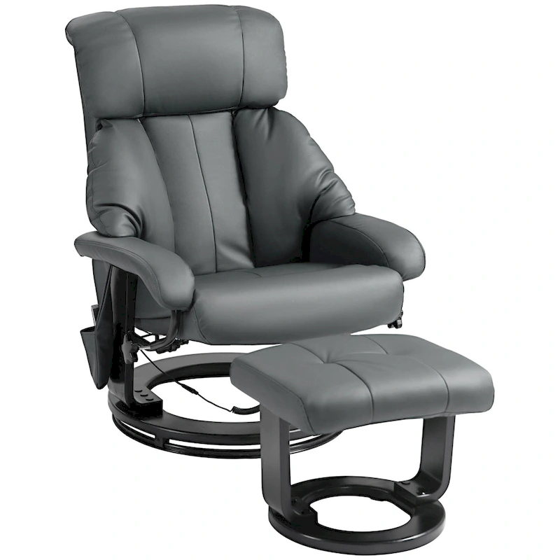 HOMCOM Massage Recliner Chair with Ottoman, 360 Swivel Recliner and Footstool, PU Leather Reclining Chair, Gray