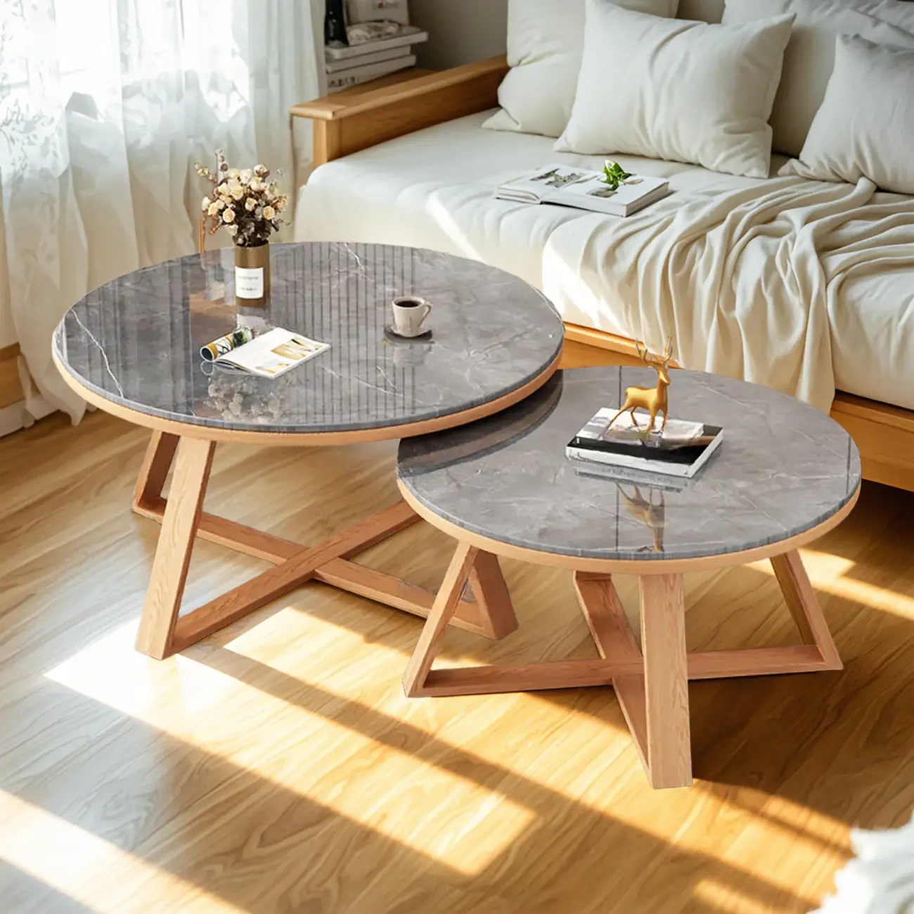 Modern Marble Round 2 Nesting Coffee Table Set with Wood Base