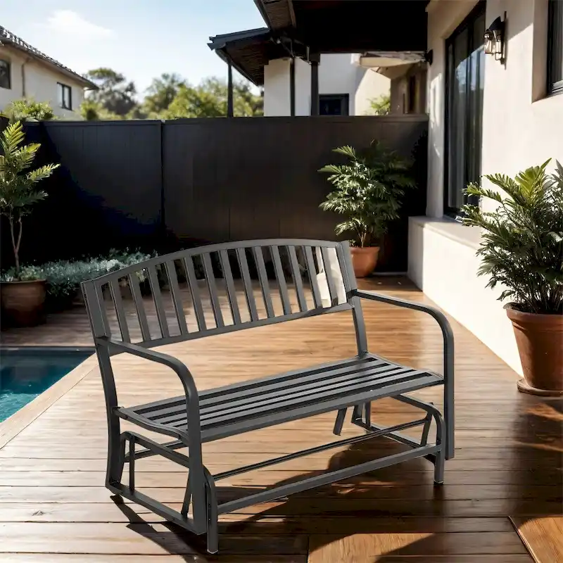 Outdoor Glider Bench with Armrests, Slatted Seat and Backrest