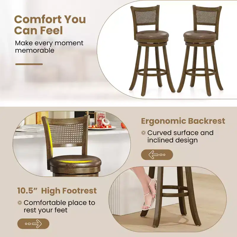 2 Bar Stools 30 Swivel Bar Chairs w/ PE Rattan Backrest Bar Height