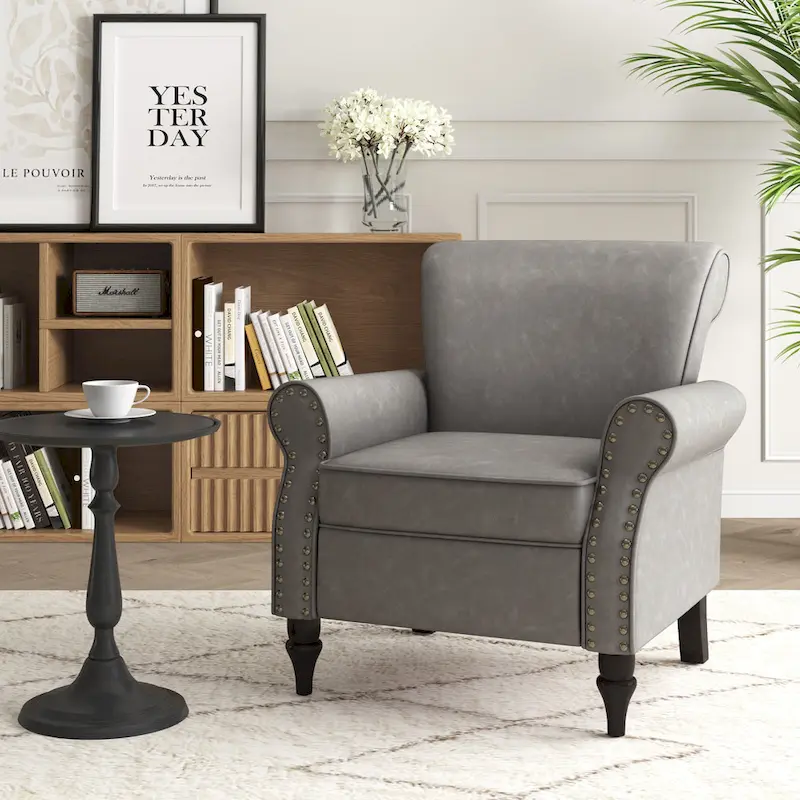 Rolled Armrests PU Accent Chair with Nailhead Trim