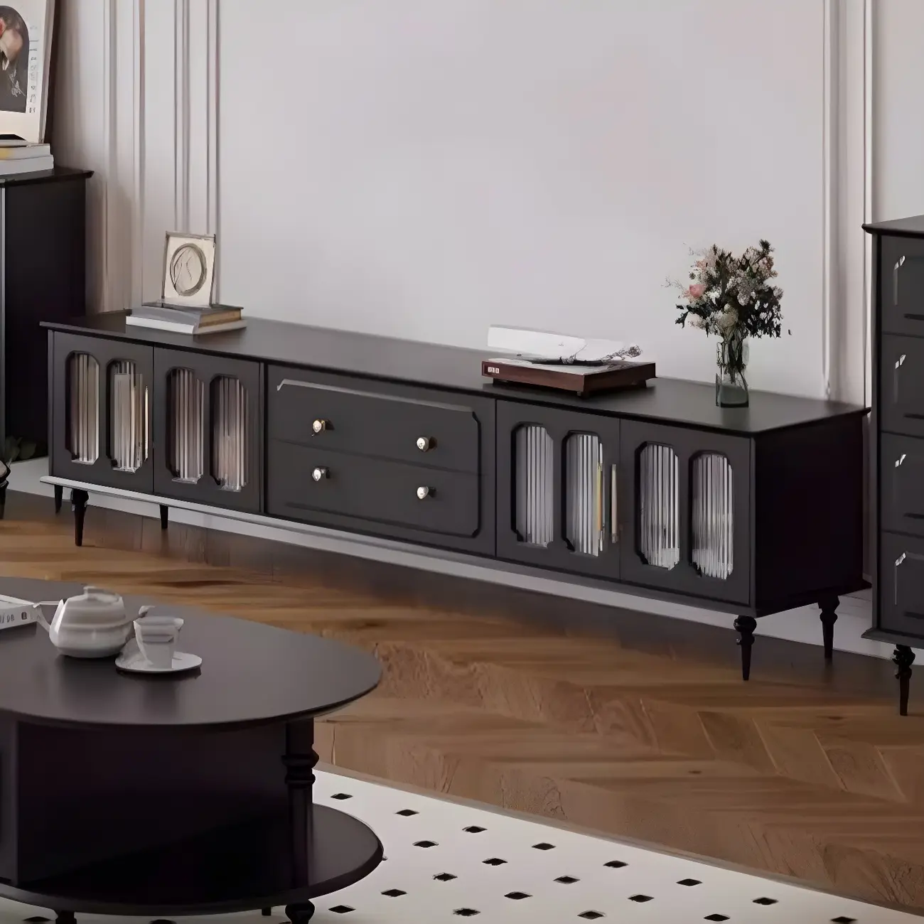 Elegant Black Wooden TV Stand with Drawers and Cabinets