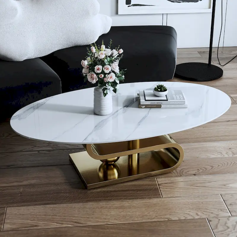 Exquisite Modern Oval Coffee table with white 51L Stone Top and Gold Metal Base