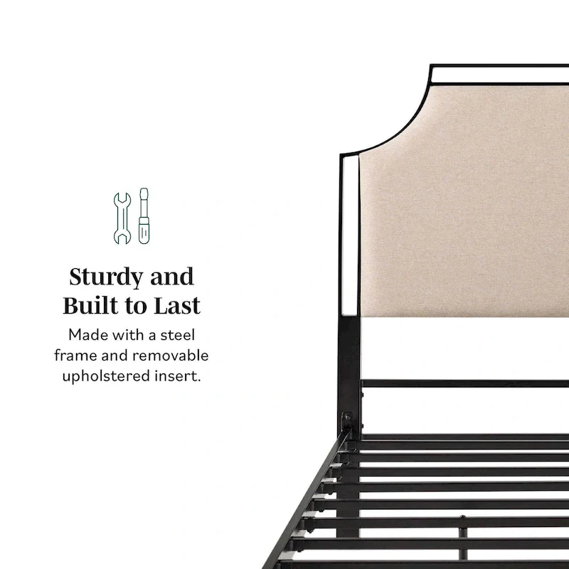 Queen Upholstered Curved Metal Bed Frame with Removable Headboard Insert – Grey / Tan, for 1–2 People