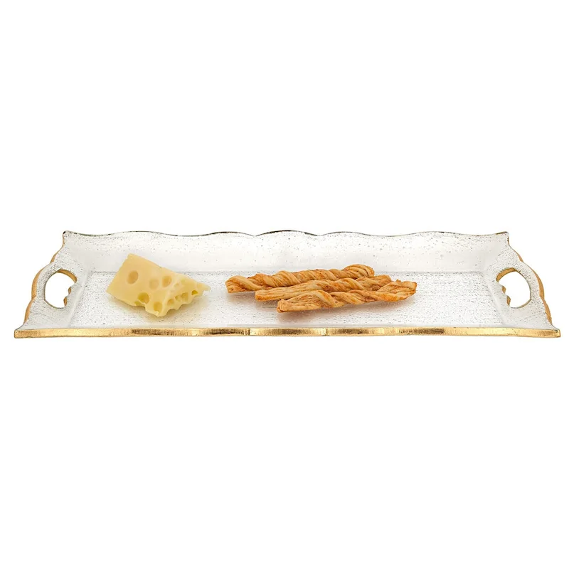 HomeRoots 11  Clear And Gold Seeded Glass Serving Tray With Handles