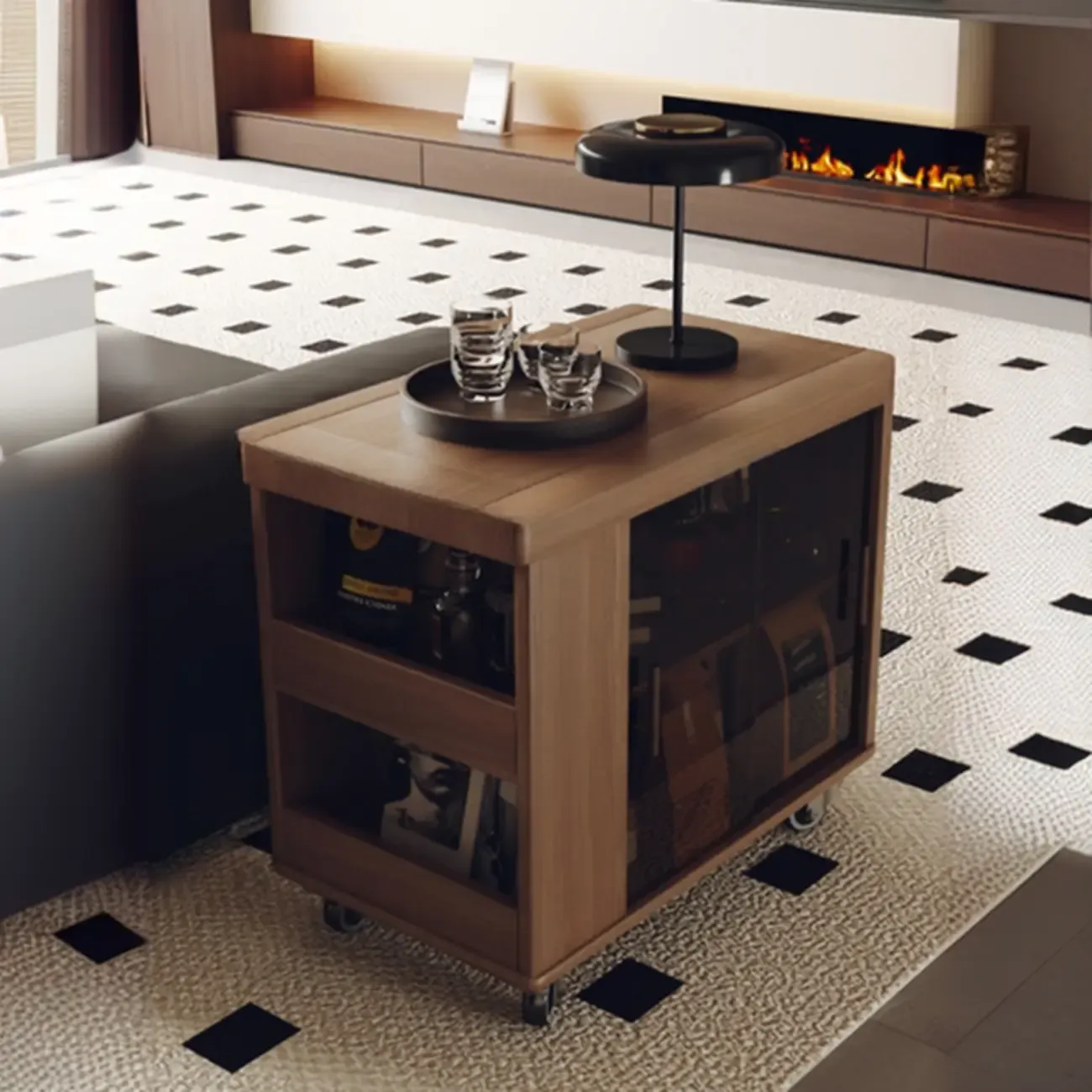 Modern Folding Table Top Wood Mobile Side Table with Wheels