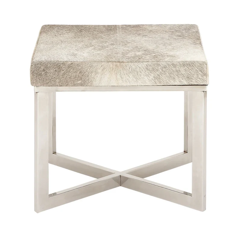 Leather Cowhide Stool with Silver Stainless Steel Base - Gray - Roche River Decor
