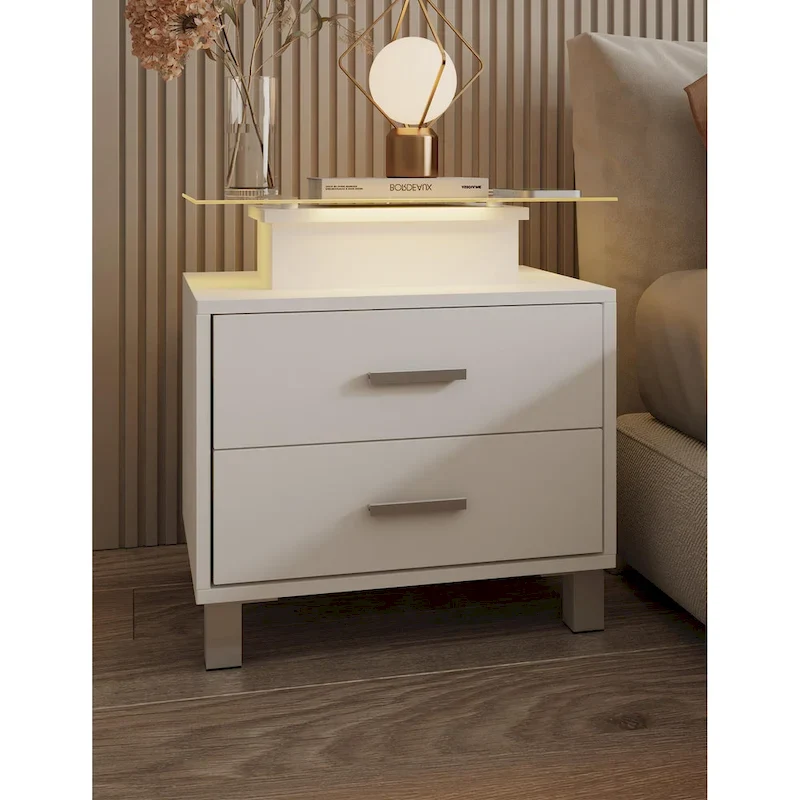 Nightstand with LED Lights & Charging Station – White, 2 Drawers, Single