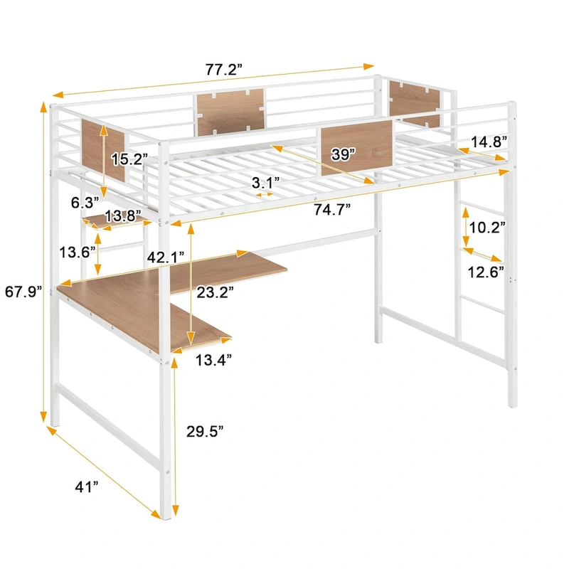 Metal Loft Bed with Desk & Shelves
