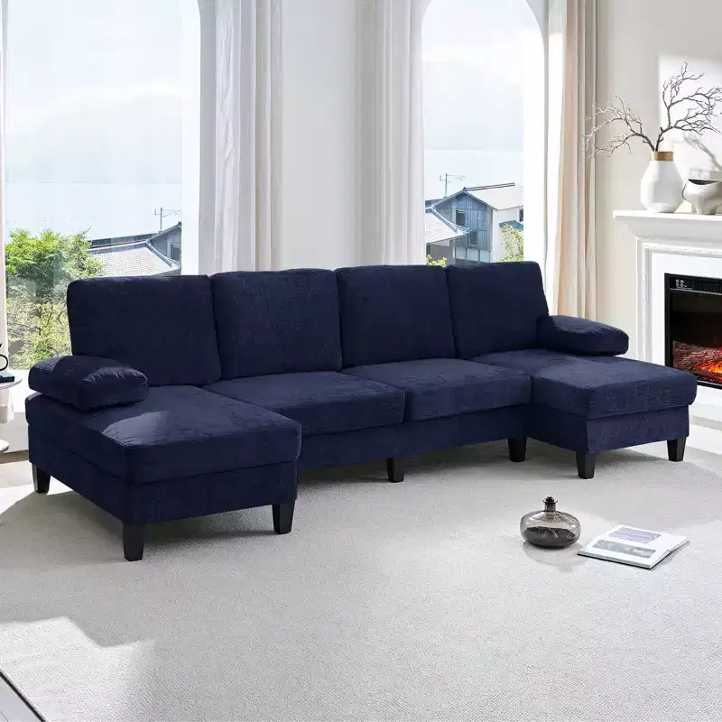 Mjkone 110U-Shaped Sectional Couches,Chenille Upholstered Large 4-Seater Sofa with Double Chaises and Sleepable Armrests