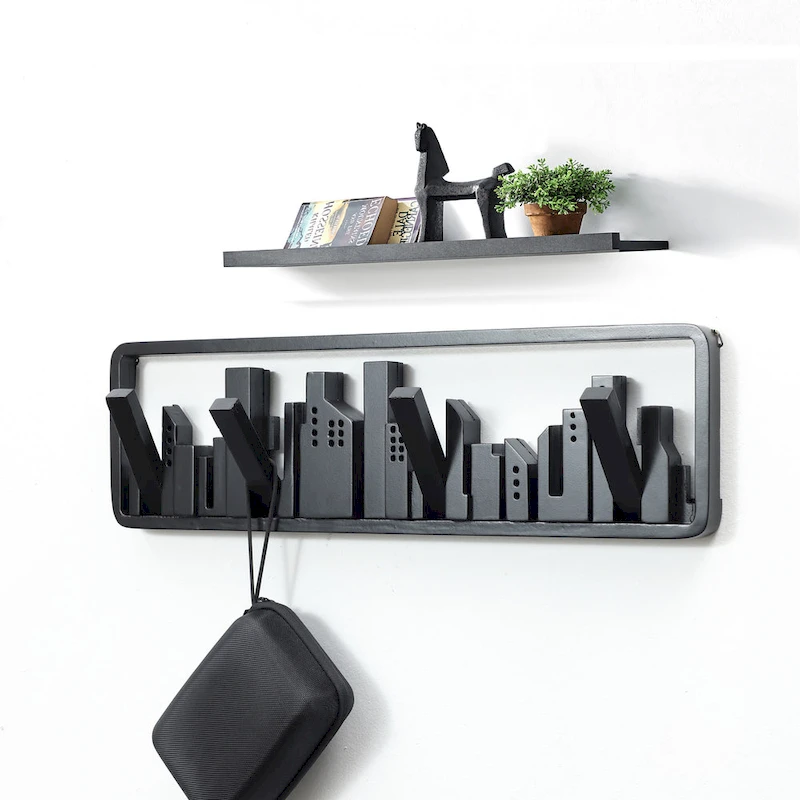 Black Wood 4-Hook Wall-Mounted Coat and Towel Rack - 22.3 Wide